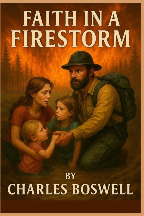 "FAITH IN A FIRESTORM" von Charles Boswell. Illustration: Eine Familie vor einem bedrohlichen Waldbrand.