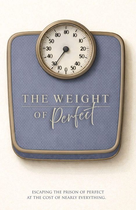 "THE WEIGHT OF Perfect" steht auf einer lila Waage; darunter: "Escaping the prison of perfect at the cost of nearly everything."