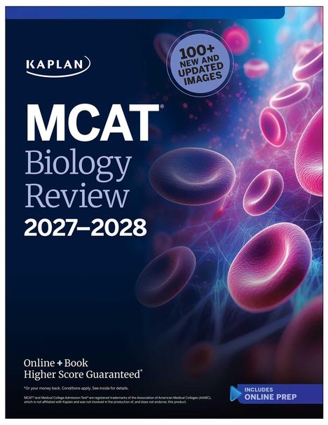 "MCAT Biology Review 2027-2028" steht groß geschrieben. Daneben 3D-Darstellung von Zellen in Rot- und Blautönen.