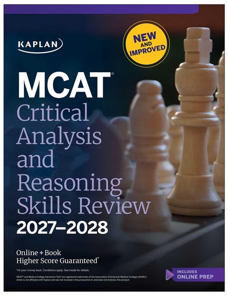 Der Text lautet: "MCAT Critical Analysis and Reasoning Skills Review 2027–2028". Schachfiguren im Hintergrund.