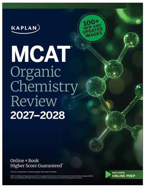 "MCAT Organic Chemistry Review 2027–2028" steht in großen Buchstaben. Grünes Molekül-Modell im Hintergrund.