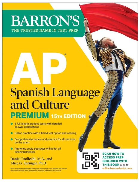 AP Spanish Language and Culture, Premium 15th Edition. Torero in traditioneller Kleidung mit rotem Tuch.