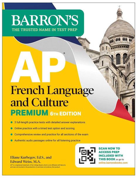 "Barron's, AP French Language and Culture, PREMIUM 6th EDITION. Bild der Sacré-Cœur-Kirche. QR-Code unten rechts."