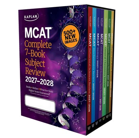 "MCAT Complete 7-Book Subject Review 2027-2028" auf einer lila Box mit spiralförmigem DNA-Motiv und sechs farbigen Büchern.