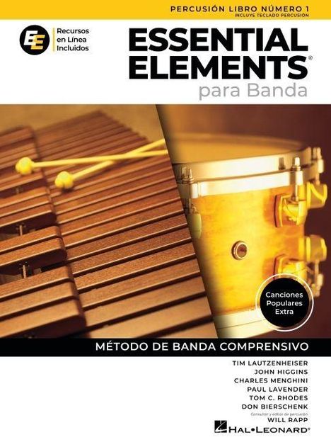Text: "Essential Elements para Banda", "Canciones Populares Extra". Illustration: Xylophon und Trommel.