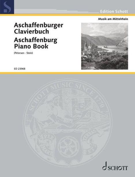 "Aschaffenburger Clavierbuch. Aschaffenburg Piano Book. Bild einer Landschaft mit Fluss und Hügeln. Schott-Logo unten."