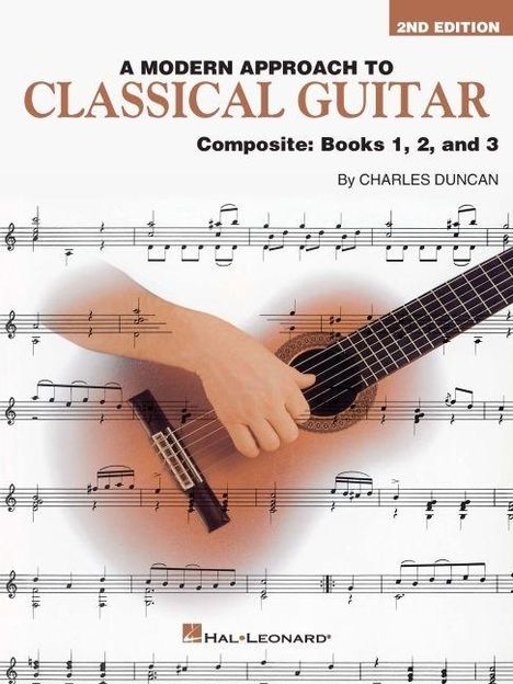 Text: "A Modern Approach to Classical Guitar. Composite: Books 1, 2, and 3. By Charles Duncan." Eine Hand spielt Gitarre.