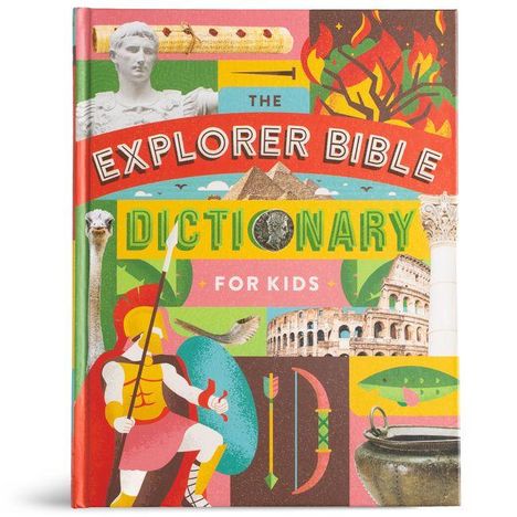 "THE EXPLORER BIBLE DICTIONARY FOR KIDS." Buntes Cover mit antiken Skulpturen, Kolosseum, römsichem Soldaten und Pflanzen.
