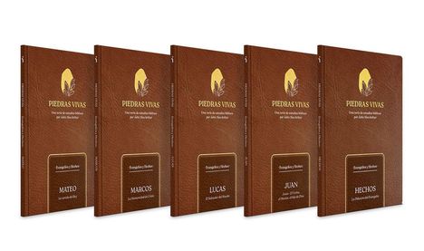 Fünf braune Bücher mit gelbem Logo, Titel "Piedras Vivas". Einzelne Titel: Mateo, Marcos, Lucas, Juan, Hechos.