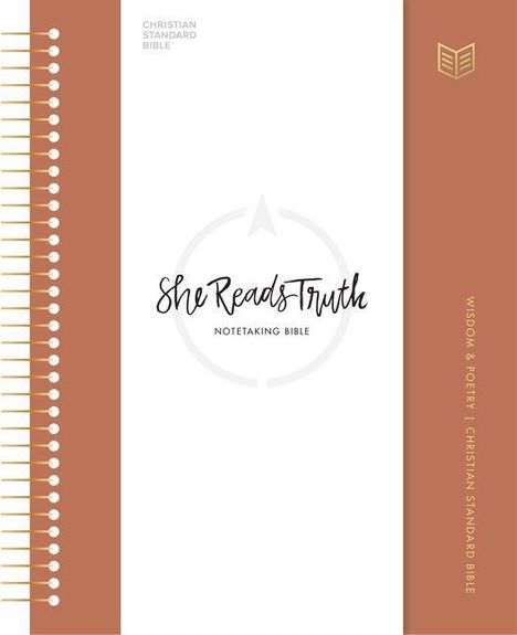 Text: "Christian Standard Bible," "She Reads Truth: Notetaking Bible," "Wisdom & Poetry | Christian Standard Bible." Design mit braunem Rand und Logo.
