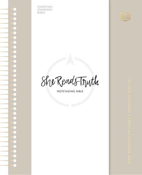 "She Reads Truth: Notetaking Bible", dezentes Design mit beigen und weißen Streifen, links eine Spirale.
