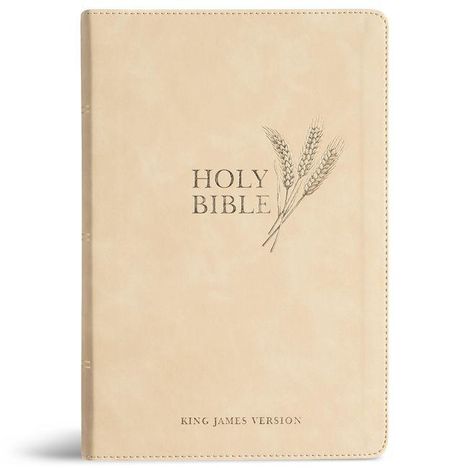 "HOLY BIBLE" in der Mitte, "KING JAMES VERSION" unten. Ein Weizenbündel ziert den hellen Einband.