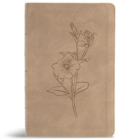 Kein Text vorhanden, beige Notizbuch mit eingeprägtem Blumenmotiv.