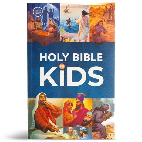 Text: "HOLY BIBLE FOR KIDS". Illustration mit biblischen Szenen, darunter eine Frau, ein Mann im Wasser und Menschen im Gespräch.