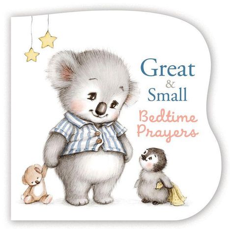 Text: "Great & Small Bedtime Prayers"
Illustration: Ein Koala im Pyjama mit einem Teddy, kleineres Tier daneben, zwei Sterne oben.