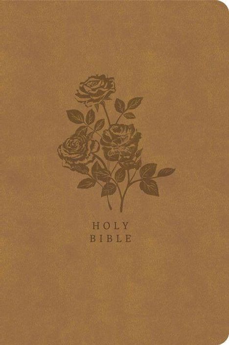 Text: "Holy Bible". Illustration: braune Lederoberfläche mit geprägtem Rosenmuster.