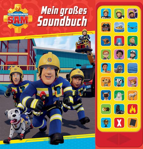 „Feuerwehrmann Sam: Mein großes Soundbuch“, bunte Charaktere in Feuerwehruniformen, rechte Seite mit Soundbuttons.