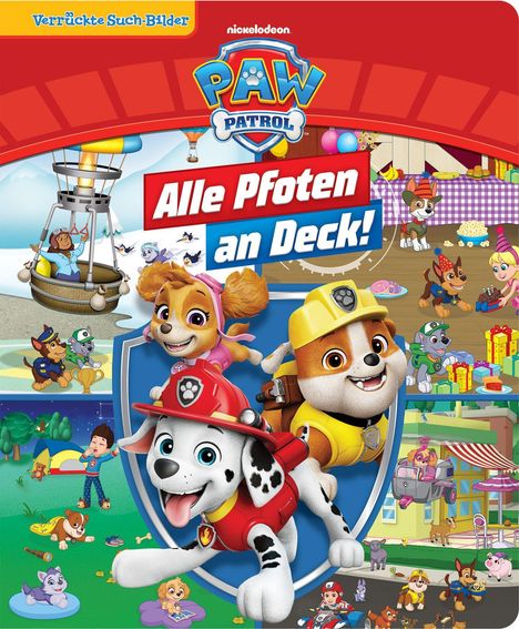 Text: "Verrückte Such-Bilder," "nickelodeon," "Paw Patrol," "Alle Pfoten an Deck!" Logo: Paw Patrol mit fröhlichen Hunden.