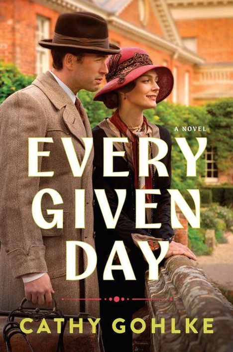 „Every Given Day“ und „Cathy Gohlke“: Ein Mann und eine Frau in Vintage-Kleidung vor einem roten Backsteingebäude.