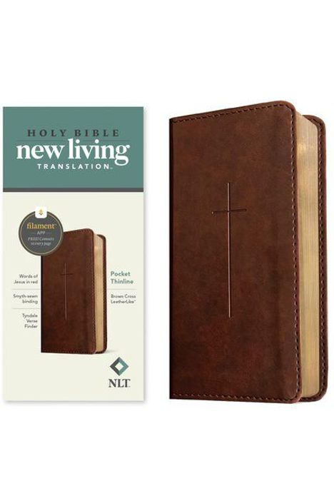 "Holy Bible New Living Translation", braunes Ledereinband mit Kreuz, Pocket Thinline Edition, NLT-Logo.