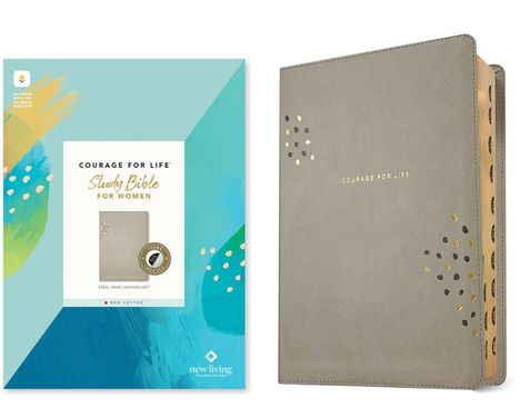 Links: Bunte Verpackung mit "Courage for Life Study Bible for Women". Rechts: Grauer Bucheinband mit demselben Titel.