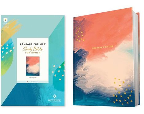 "Courage For Life Study Bible For Women." Farbiges Design mit abstrakter Kunst in Blau, Orange und Rosa.