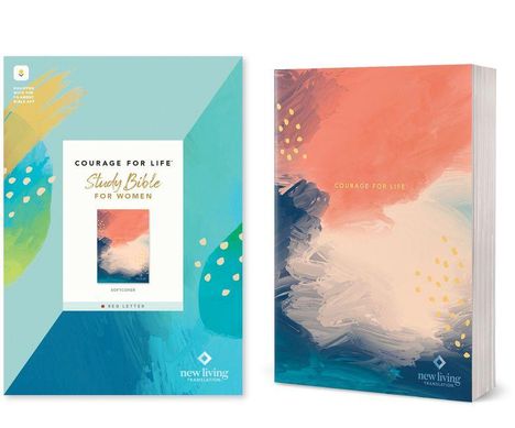 Links: "Courage For Life Study Bible For Women", blau-grün mit bunten Mustern. Rechts: Bunte abstrakte Kunst, "Courage For Life".