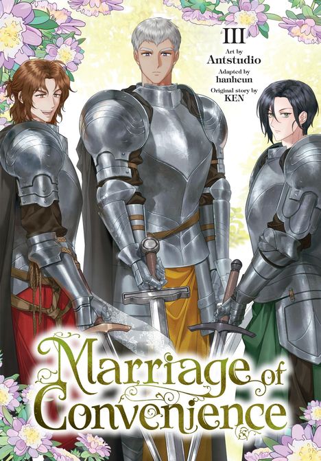 "Marriage of Convenience". Drei Figuren in Rüstungen, umgeben von Blumen. Rüstung glänzend, Hintergrund in Pastellfarben. Illustration.