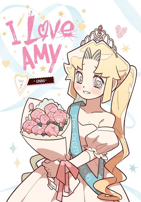 "I Love Amy", Vol. 1 daneben "UNNNI". Blonde Frau, Tiara, Ballkleid, Blumenstrauß, helles Design mit Herzen.