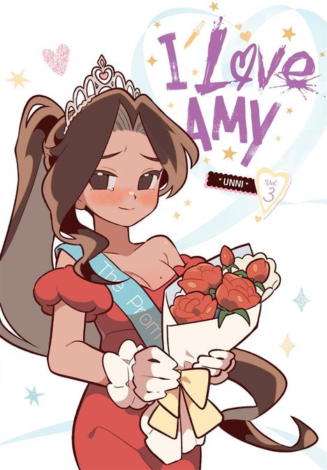 Text: "I Love Amy", "UNNI", "Vol. 3", "The Prom". Illustration: Frau in rotem Kleid mit Tiara, hält Blumenstrauß.