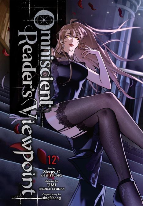 „Omniscient Reader's Viewpoint 12“, elegante Person in schwarzem Kleid auf Treppe, weht im Wind.