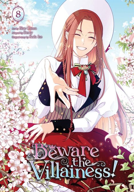 „Beware the Villainess!“ steht in großer Schrift. Eine lachende Frau in einem weißen Hut umgeben von Kirschblüten. 