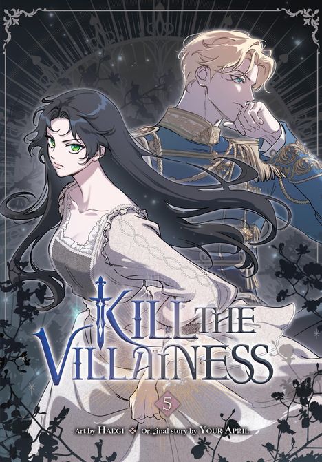 „KILL THE VILLAINESS“ in blauer Schrift. Eine Frau und ein Mann in viktorianischer Kleidung, dramatisch beleuchtet.