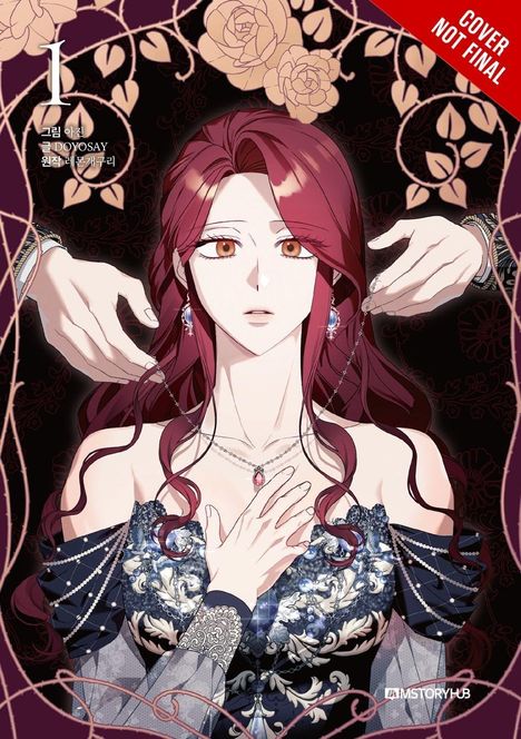 "Cover Not Final." Illustration einer Frau mit roten Haaren, elegantem Kleid und Schmuck; Hände im Hintergrund halten Ketten.