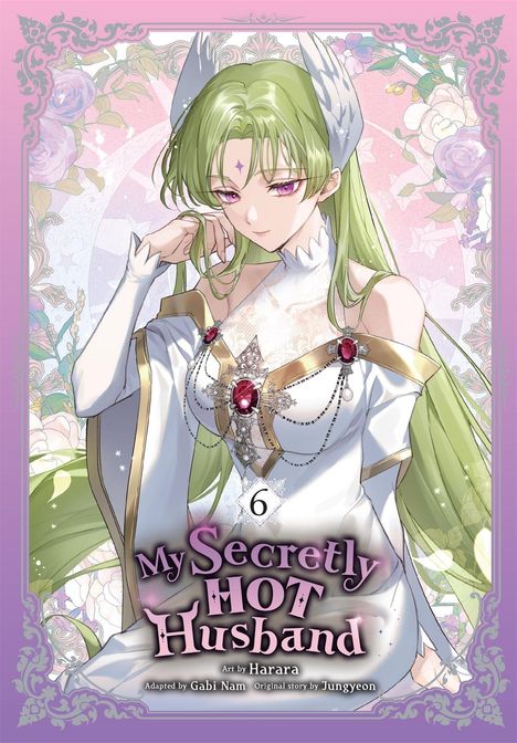 Titel: "My Secretly Hot Husband". Eine Frau mit langen grünen Haaren in einem eleganten Kleid mit Edelsteinen.