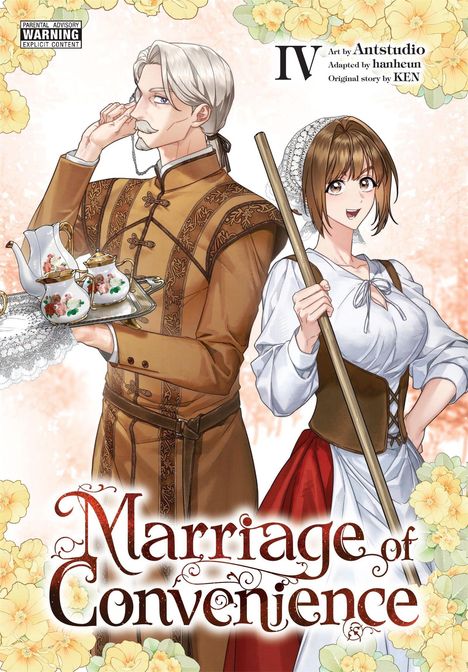 Text: "Parental Advisory Warning Explicit Content", "IV", "Marriage of Convenience". Illustration: Mann und Frau in mittelalterlicher Kleidung.