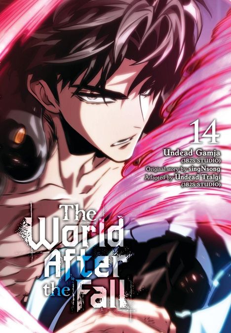 Titel: "The World After the Fall". Kapitel 14. Illustration eines entschlossenen Charakters mit dunklem Haar und rötlichem Wirbel.