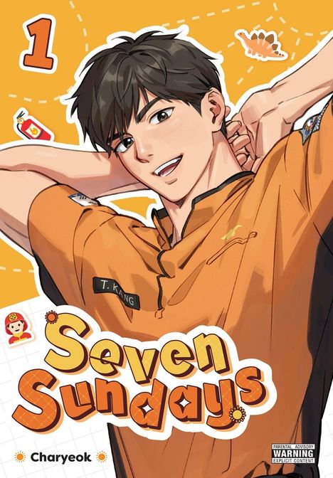 "Seven Sundays" und "1" in leuchtenden Farben, ein lächelnder junger Mann in orangefarbener Uniform mit dem Namensschild "T. Kang".