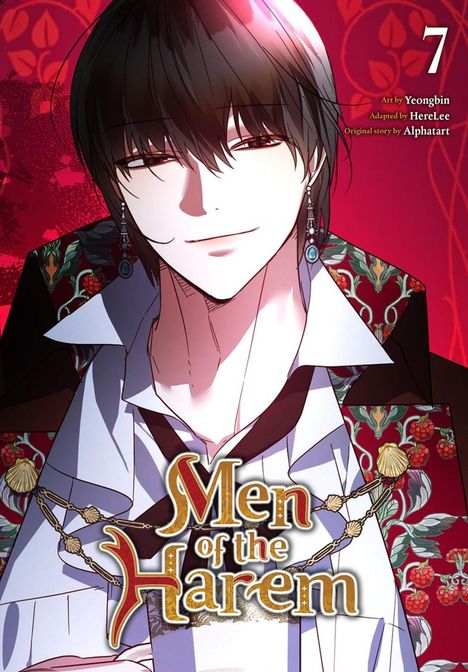 „Men of the Harem“, mit Nr. 7 oben rechts. Mann mit dunklen Haaren lächelt, auf rotem Hintergrund.