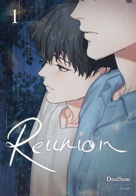 Text: "1", "Reunion", "DeulSum", "Original story by 2coin". Zwei Personen im Profil, Regen, dunkler Hintergrund.