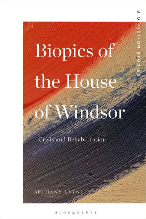 „Biopics of the House of Windsor: Crisis and Rehabilitation“ von Bethany Layne. Abstraktes Gemälde mit roten und blauen Pinselstrichen.