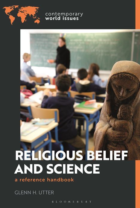 "Religious Belief and Science" steht groß. Eine Schulklasse im Hintergrund, vorne eine Holzstatue einer Frau mit Kind.