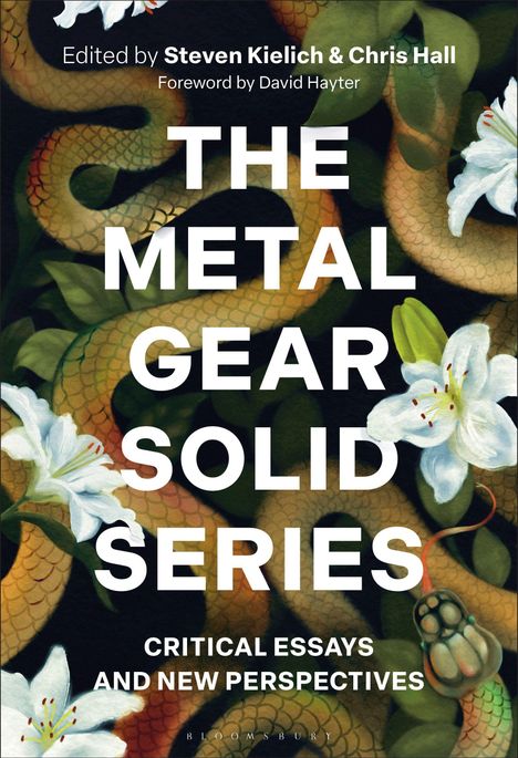 Ein Buchcover mit dem Text: "THE METAL GEAR SOLID SERIES, Critical Essays and New Perspectives". Schlangen und Lilien im Hintergrund.