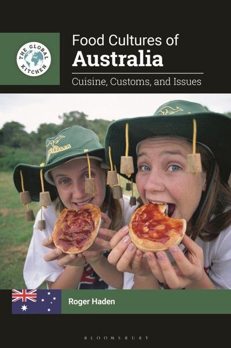 Text: "Food Cultures of Australia: Cuisine, Customs, and Issues", "Roger Haden".  
Zwei Personen mit Hüten essen Pasteten.