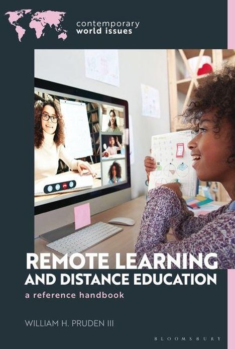 Aufschrift: Remote Learning and Distance Education. Ein Kind am Computer zeigt auf ein Diagramm während eines Videoanrufs.