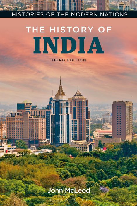 "The History of India", dritte Auflage von John McLeod. Skyline einer modernen Stadt bei Sonnenuntergang.