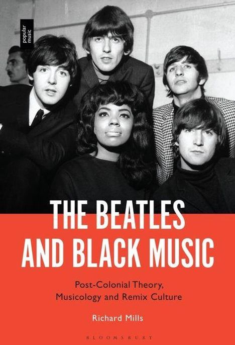 "The Beatles and Black Music" in Weiß auf Rot. Schwarz-Weiß-Foto von fünf Menschen, vier Männer und eine Frau in der Mitte.
