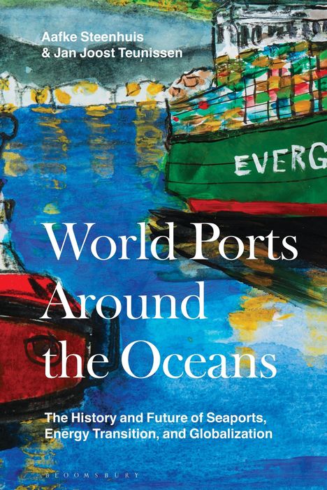 Buchtitel: "World Ports Around the Oceans". Ein Gemälde eines Containerschiffs auf blauem Wasser, farbenfrohe Container.