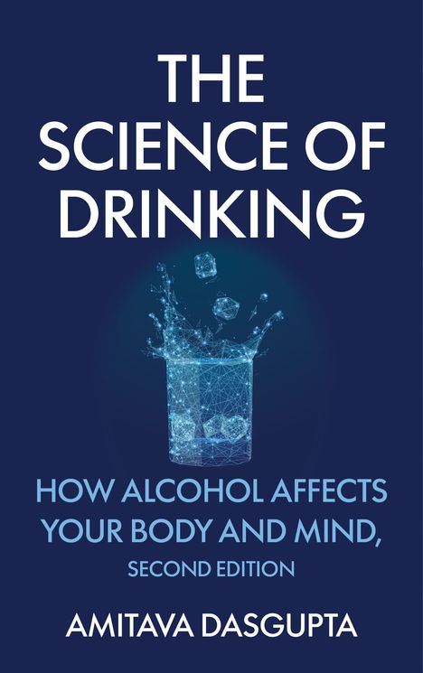 "The Science of Drinking" steht in großen weißen Buchstaben oben. Darunter: ein digital illustriertes Glas mit Eiswürfeln.