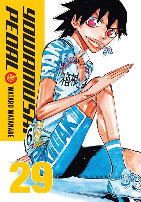 "Yowamushi Pedal 29" steht in gelbem und schwarzem Text. Ein Manga-Charakter in Fahrradkluft sitzt lächelnd.